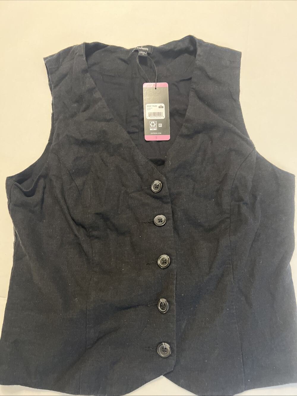 Express Womens Classic Fit V-Neck Button Up Linen Vest Size Small Black NWT
